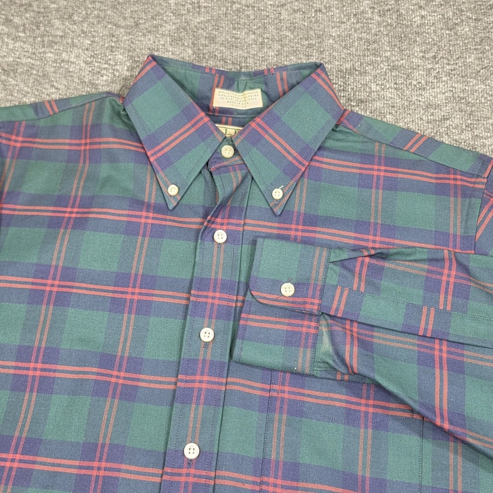 Vintage 80s LL Bean Plaid Button Down Shirt Made in USA Red Navy Mens Sz 15.5x32